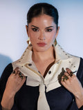 Model wearing gold Mosaic cocktail ring with hand-carved mother of pearl and abalone hexagons
