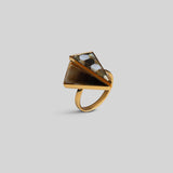 Sculptural Mosaic ring in 24k gold with abalone mother of pearl, angled on a clean surface.
