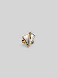 Mosaic cocktail ring with triangular mother of pearl inlay in 24k gold on a neutral background.