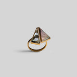 Side view of handcrafted Mosaic cocktail ring with mother of pearl stone in 24k gold setting.