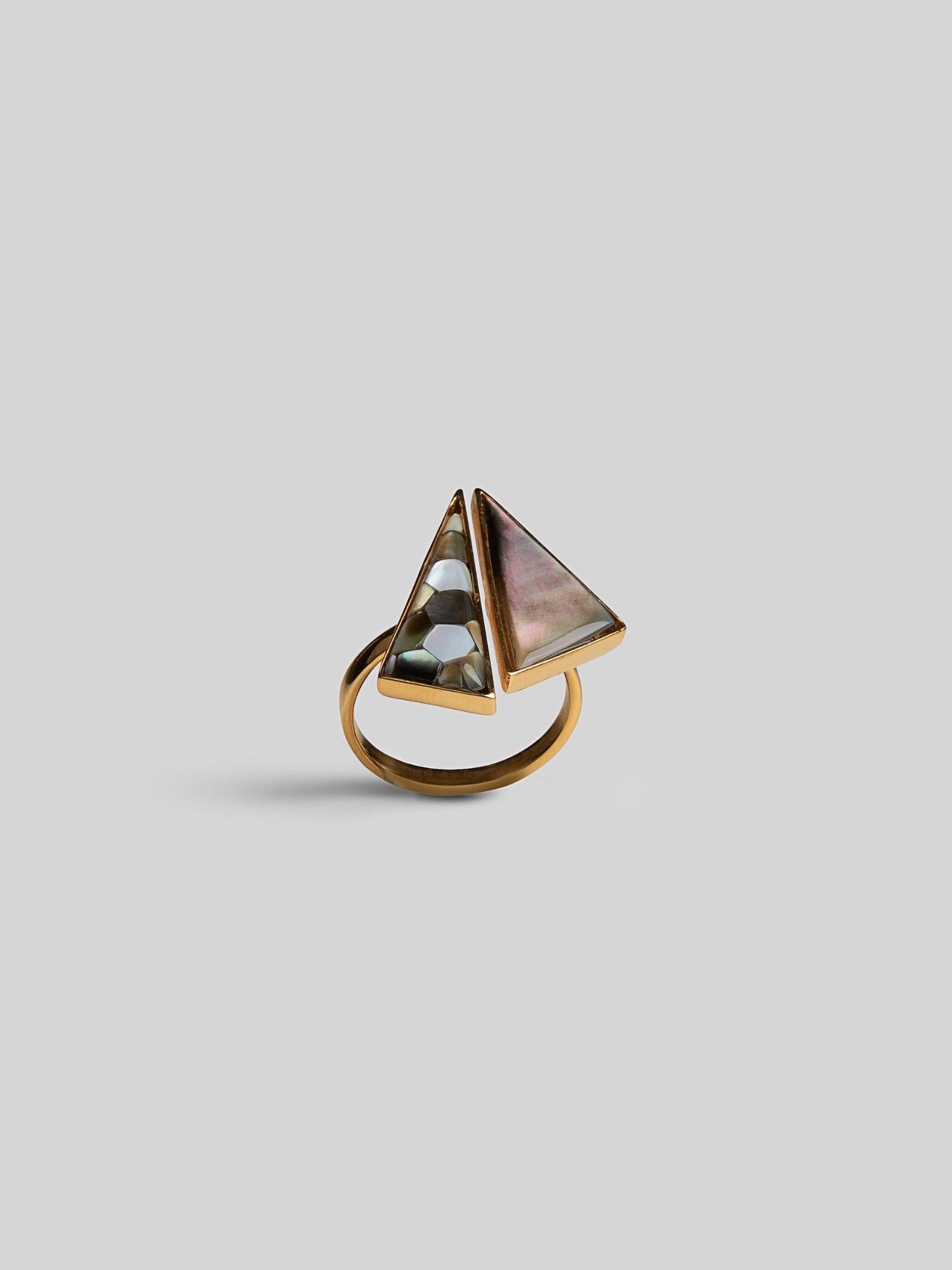 Side view of handcrafted Mosaic cocktail ring with mother of pearl stone in 24k gold setting.