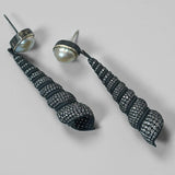 Neris shell drop earrings with pearl stud in oxidised silver finish, pair front view on neutral background.