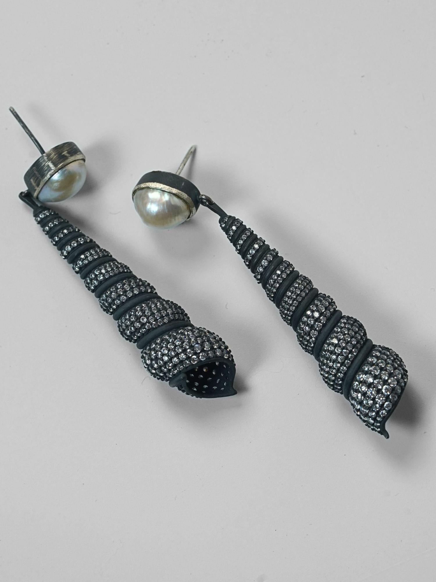Neris shell drop earrings with pearl stud in oxidised silver finish, pair front view on neutral background.