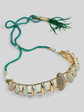 Opal Perspective necklace with opal crystal haze stones and green cord in 24k gold on neutral background.