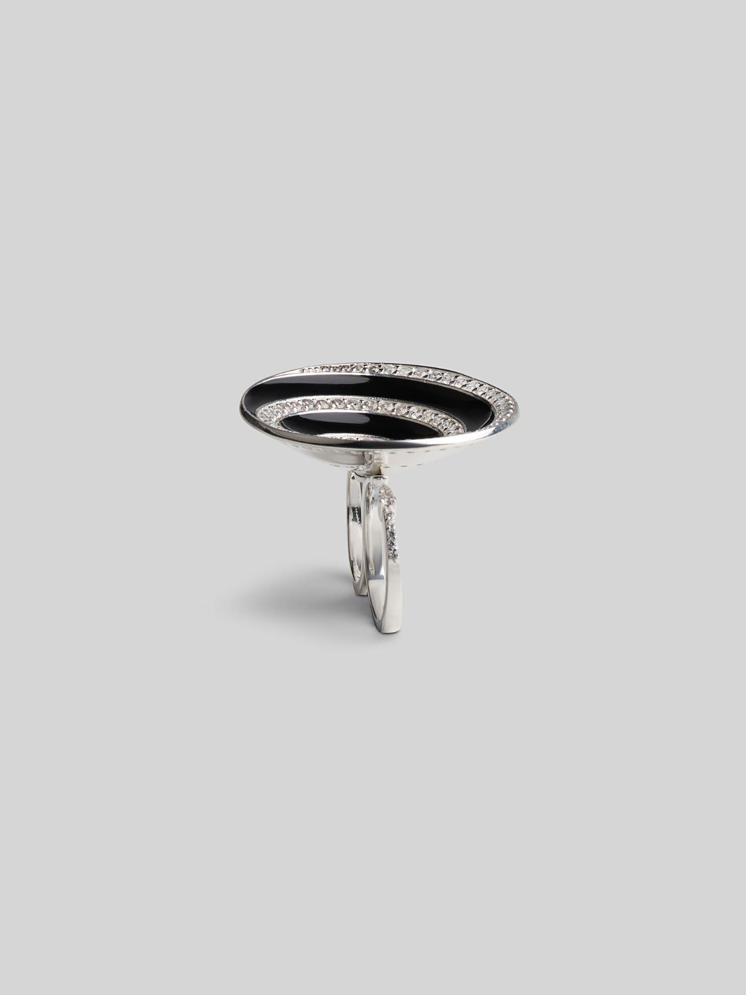  Front product shot of Orbis black enamel spiral ring in white rhodium on neutral background.