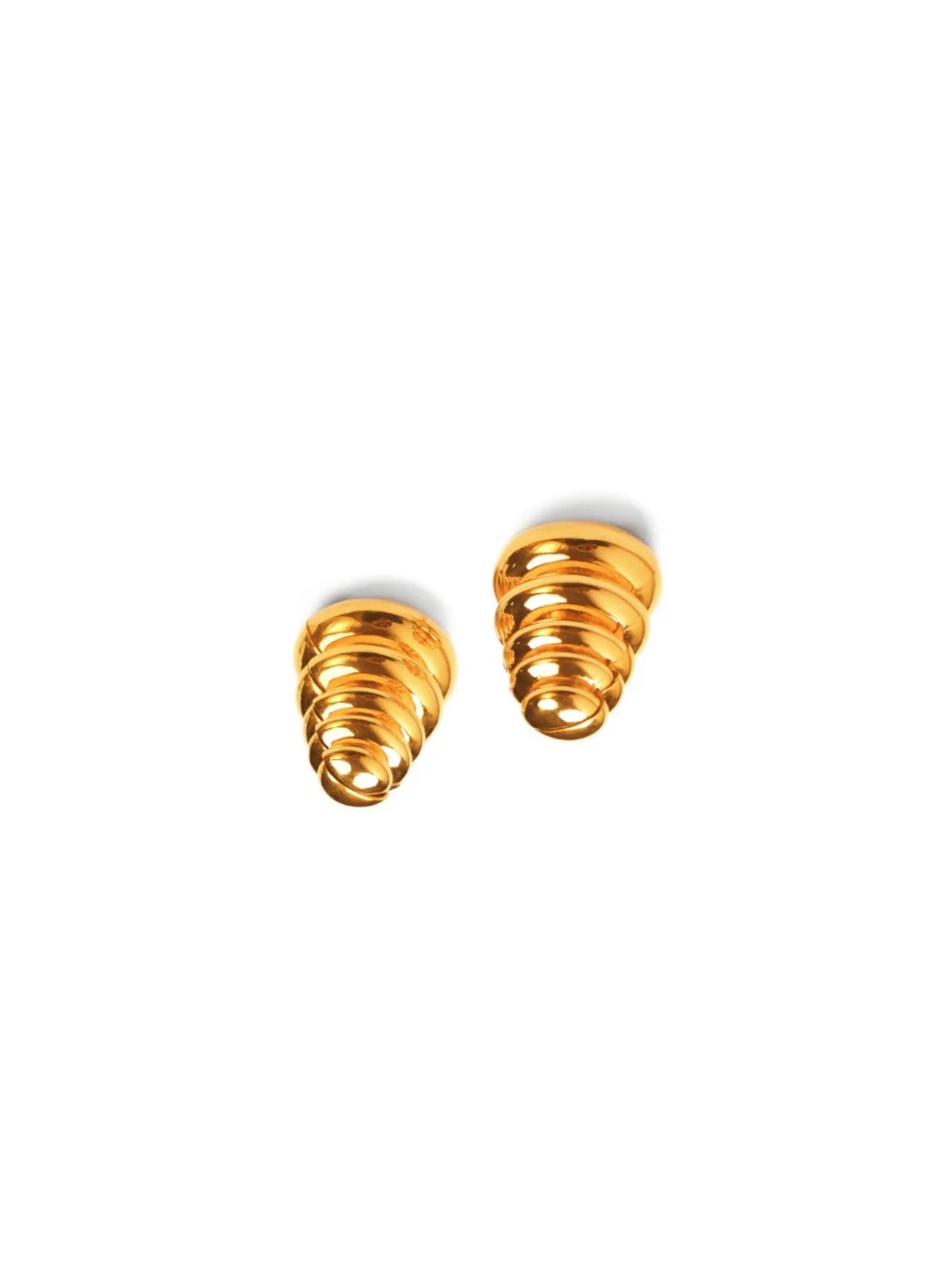 Gold ribbed pebble earrings showing full 3D rounded form on white