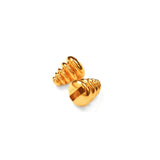 Pair of 3D ribbed gold pebble stud earrings on white background