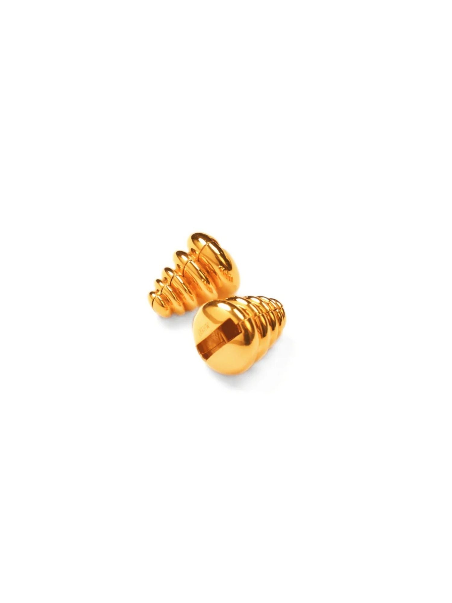 Pair of 3D ribbed gold pebble stud earrings on white background