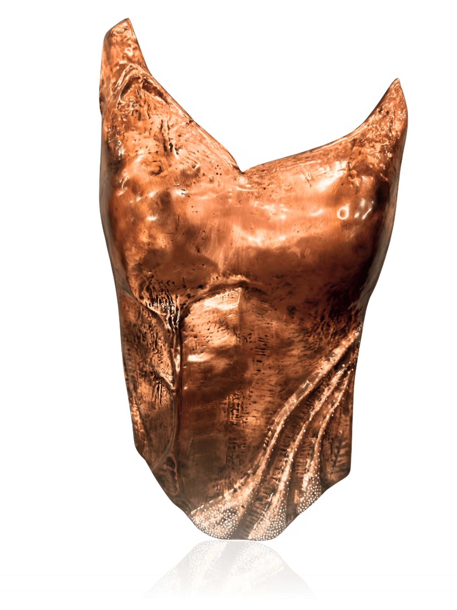 Close-up of copper corset with CZ accents worn on model, warm light