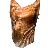 Handcrafted copper corset with CZ accents, front view on white background