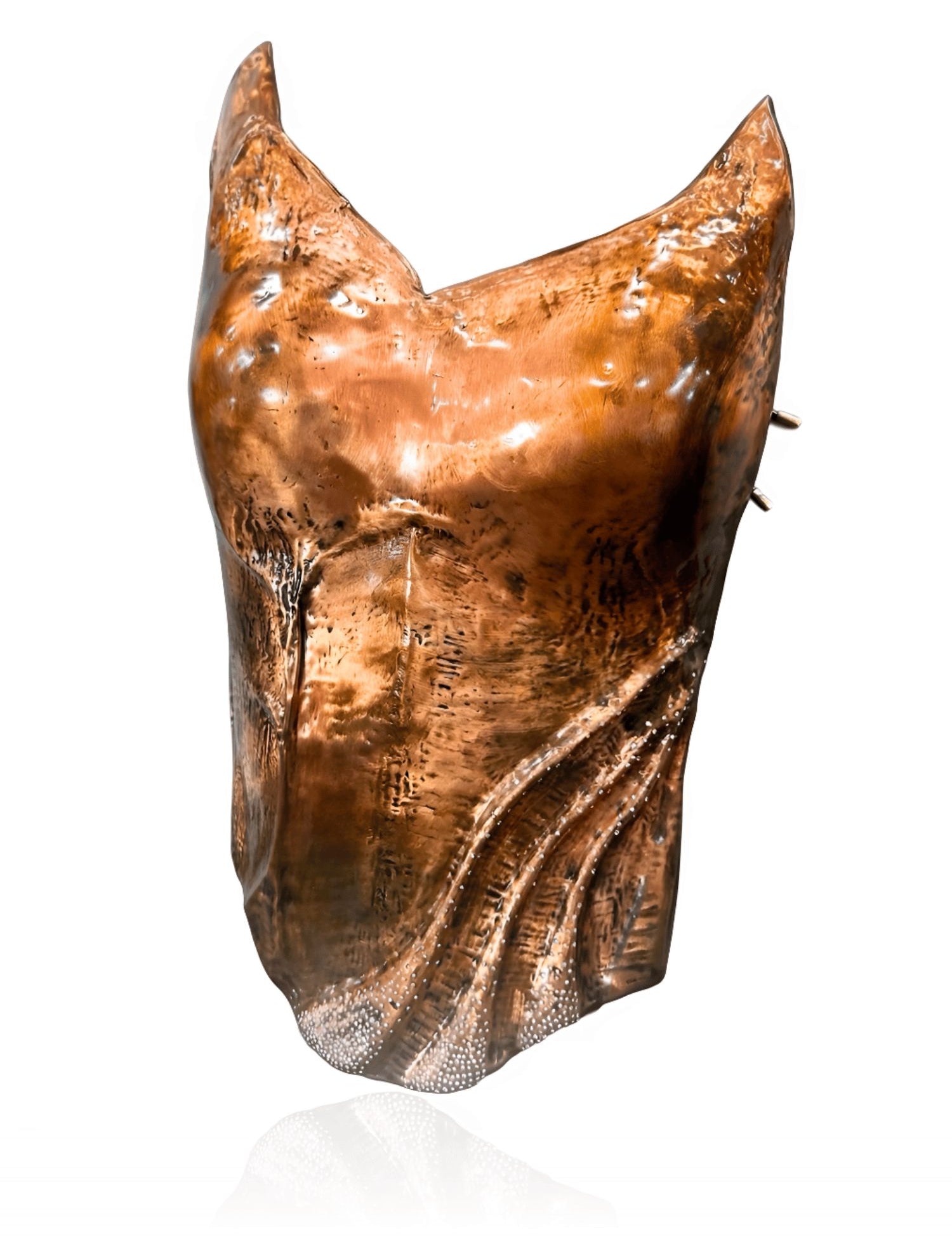 Handcrafted copper corset with CZ accents, front view on white background