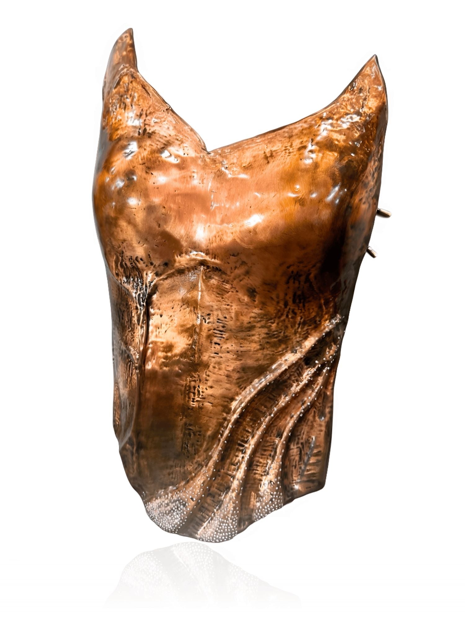 Handcrafted copper corset with CZ accents, front view on white background