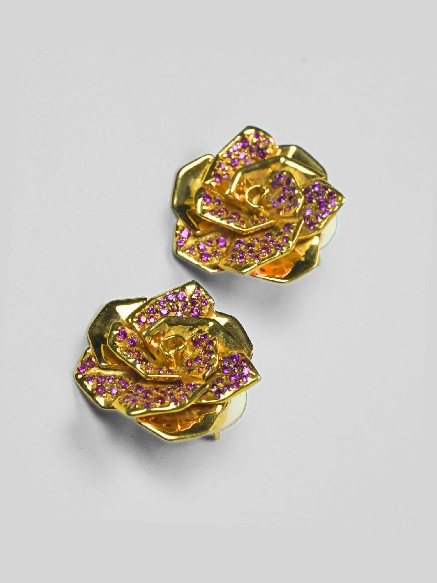 Rosara rose stud earrings with pink cubic zirconia petals in 24k gold on neutral background.
