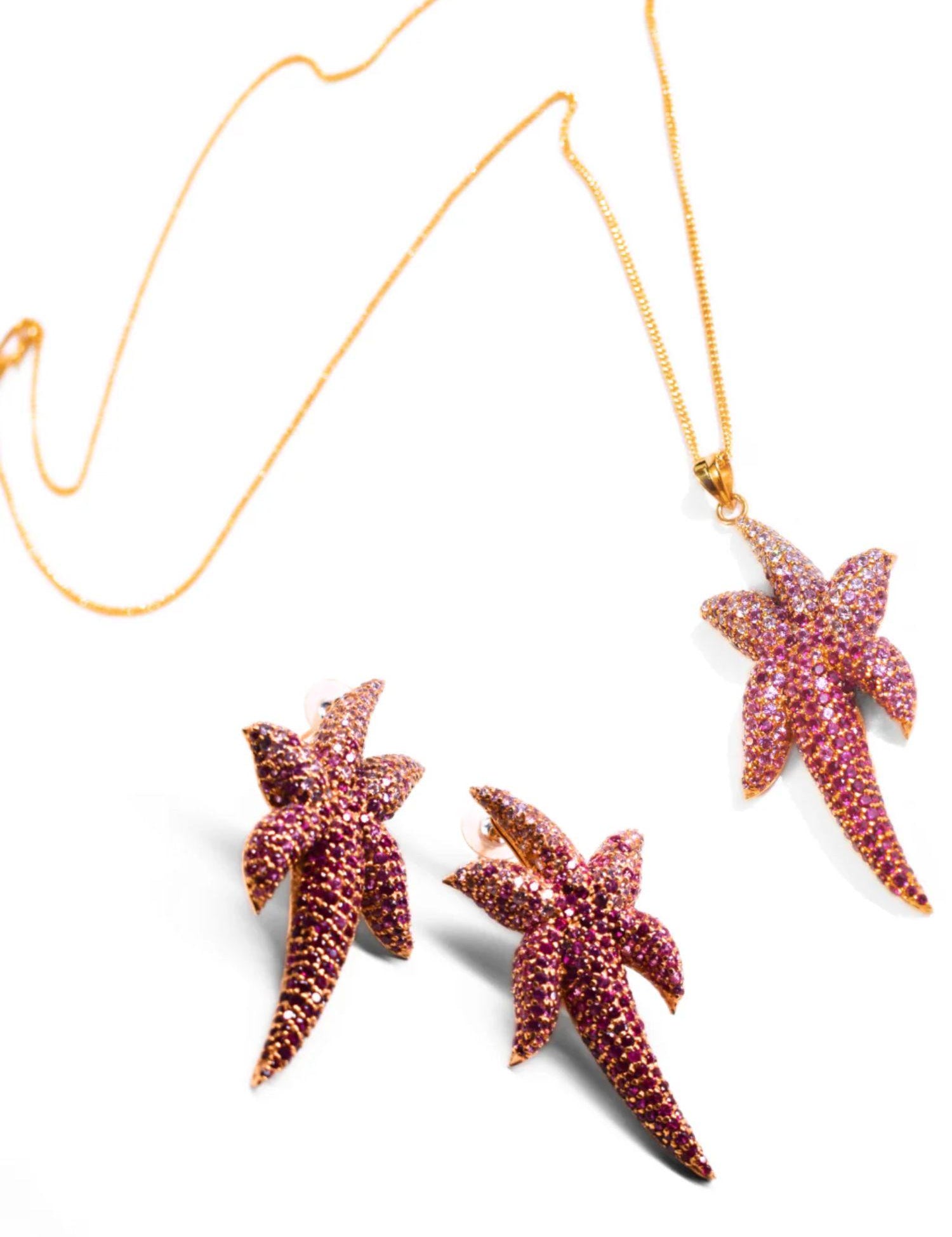 CZ ombre starfish pendant necklace and earring set on cream background