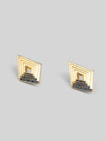Vélora layered diamond stud earrings with blue cubic zirconia in 24k gold on neutral background.