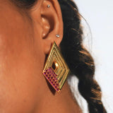 Close profile of Vélora pink cubic zirconia layered diamond statement earring worn on model.